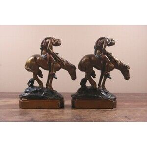 Heavy Painted Bronze End of Trail Native American Indian Bookends